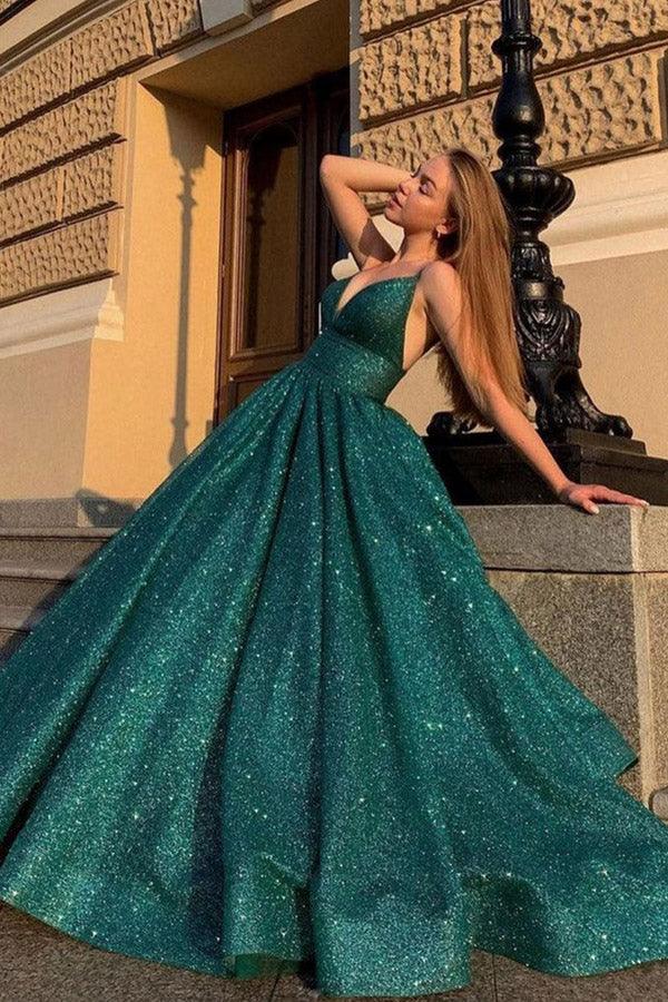 Emerald Green Two Piece Satin Crop Top Ball Gown Prom Dress